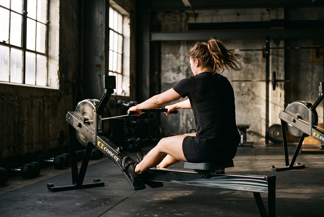 Athlete mid-drive on a Concept2 rower